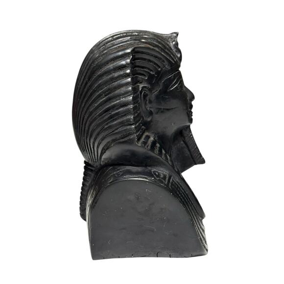 Egyptian King Tut Queen Nefertiti Bust Set Carved Stone Hieroglyphic Black Decor - Picture 5 of 16